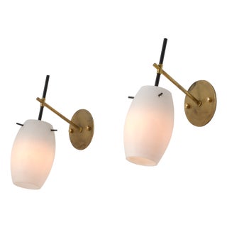Mid-Century Italian Wall Sconces in Brass, Black Lacquer and Opaline Glass, 1950s, Set of 2 For Sale
