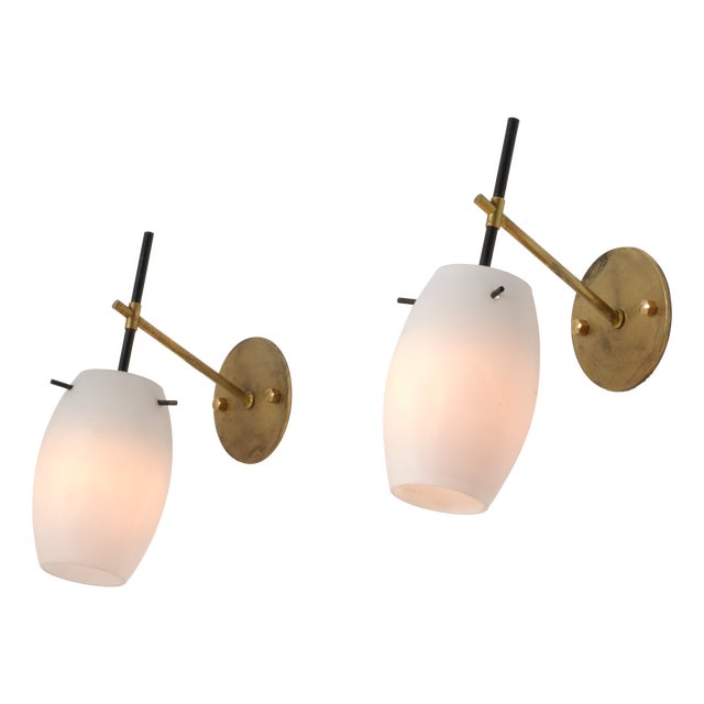 Mid-Century Italian Wall Sconces in Brass, Black Lacquer and Opaline Glass, 1950s, Set of 2 For Sale