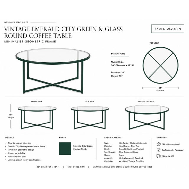 Contemporary Vintage Emerald City Green & Glass Round Coffee Table — Minimalist Geometric Frame For Sale - Image 3 of 3