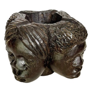Wooden Ashtray with Sculpted Heads, France, 1950s For Sale