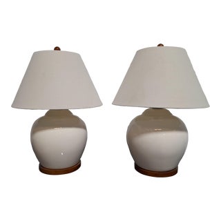 Pair of 1990s Ralph Lauren Cream Crackle Glazed Lamps With Wood Bases For Sale