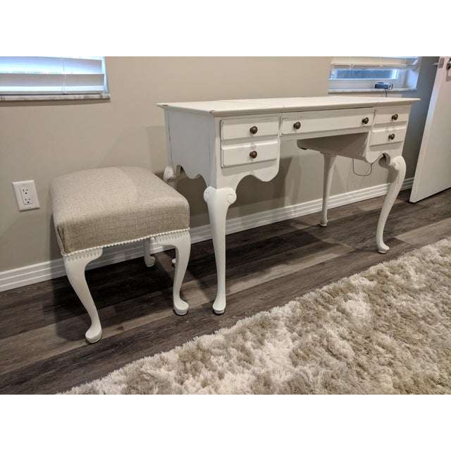 1940s French Country Makeup Vanity Desk With Pearl Accented Chair