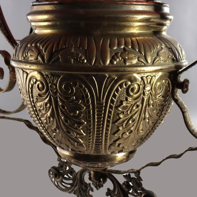1900 - 1909 Antique Cranberry Hobnail Glass & Brass Hanging Light, Electrified, C1900 For Sale - Image 5 of 12