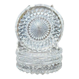 Vintage Clear Pressed Glass Coasters Set of 4 Starburst Diamond Point 4.25" For Sale