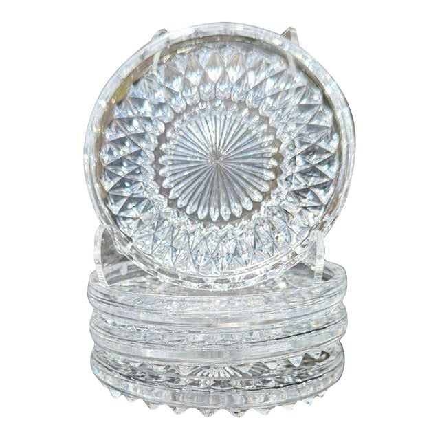 Vintage Clear Pressed Glass Coasters Set of 4 Starburst Diamond Point 4.25" For Sale