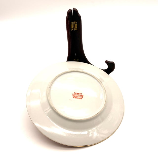 Vintage Hand Decorated Chinese Design Plate With Wood Stand For Sale - Image 11 of 12