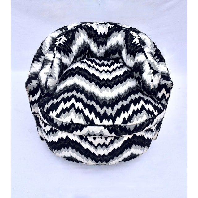 A superb vintage 1970s swivel barrel chair by to Milo Baughman in custom Jack Lenor Larsen Black and White Chevron woven...