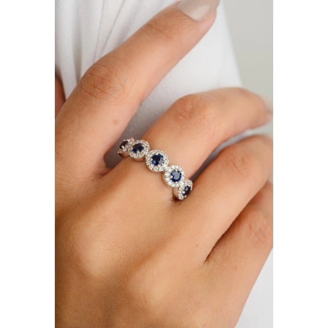 Not Yet Made - Made To Order 5 Round Cut Blue Sapphire Halo Diamond Ring Size 7 For Sale - Image 5 of 11