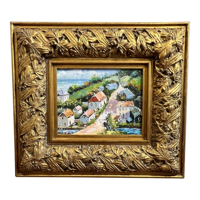 Small Late 20th Century Signed Original Impressionist Painting of Seaside Village With Ornate Gold Frame For Sale