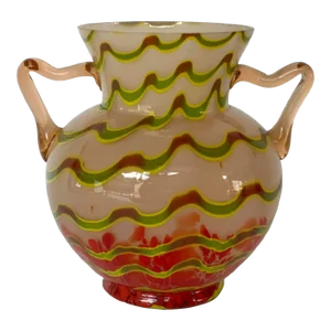 Antique Czech Kralik Green and Coral Art Glass Vase