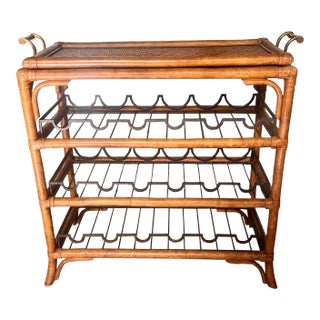 1990s Maitland-Smith Rattan & Bamboo Bar Cart / Wine Rack With Removable Tray For Sale