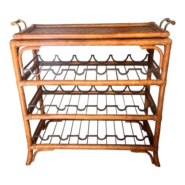 1990s Maitland-Smith Rattan & Bamboo Bar Cart / Wine Rack With Removable Tray For Sale
