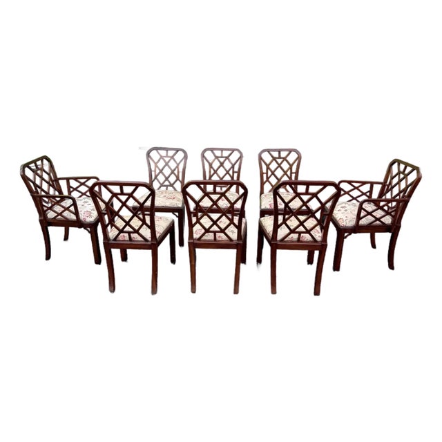 1960s Set of 8 Solid Wood Smith and Watson Chippendale Chippendale Fretwork Dining Chairs Brass Tag For Sale