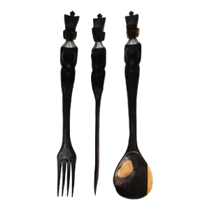 Mid 20th Century Hand-Carved Solid Ebony Wood Salad Serving Utensils - Set of 3