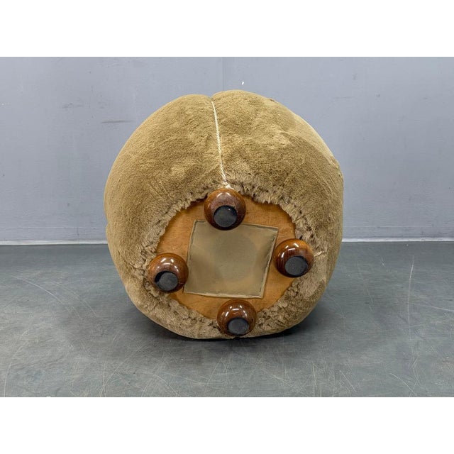 Wood Czech Art Deco Round Ottoman with Faux Rabbit Upholstery, 1940s For Sale - Image 7 of 8
