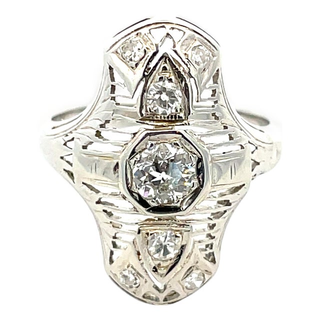 Art Deco 18k White Gold Diamond Filigree Ring, Size 6 For Sale