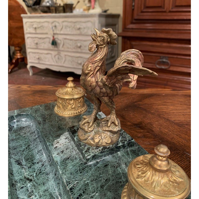 19th Century French Green Marble and Bronze Rooster Inkwell Signed Melotte For Sale - Image 9 of 13