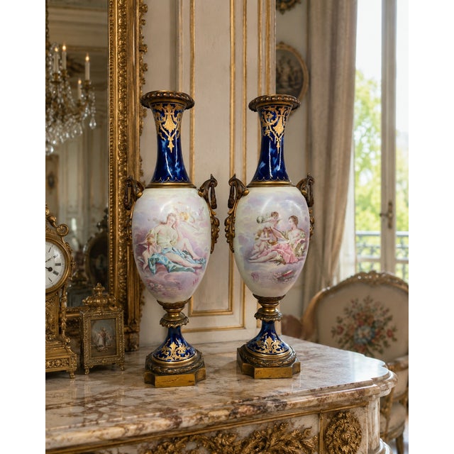 An exceptional pair of mid-19th-century French Sèvres porcelain vases, dating from circa 1840–1860 and richly mounted with...