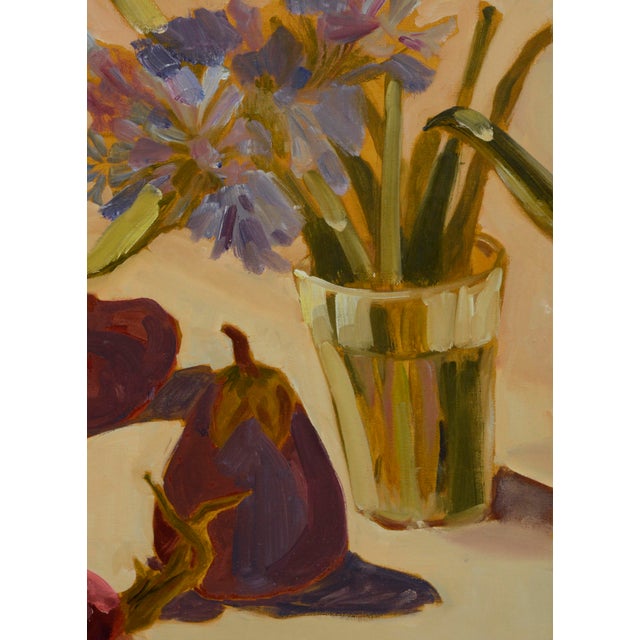 American Pear & Cut Flowers in a Glass, Botanical Still Life in Magentas by Josephine Guerra For Sale - Image 3 of 11
