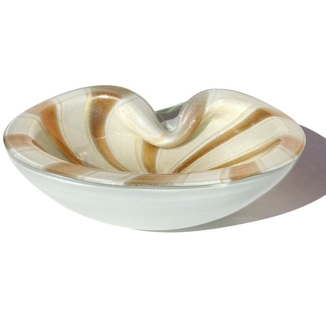 Mid-Century Modern Murano Barbini Vintage White Gold Flecks Copper Aventurine Stripes Italian Art Glass Decorative Bowl For Sale - Image 3 of 8