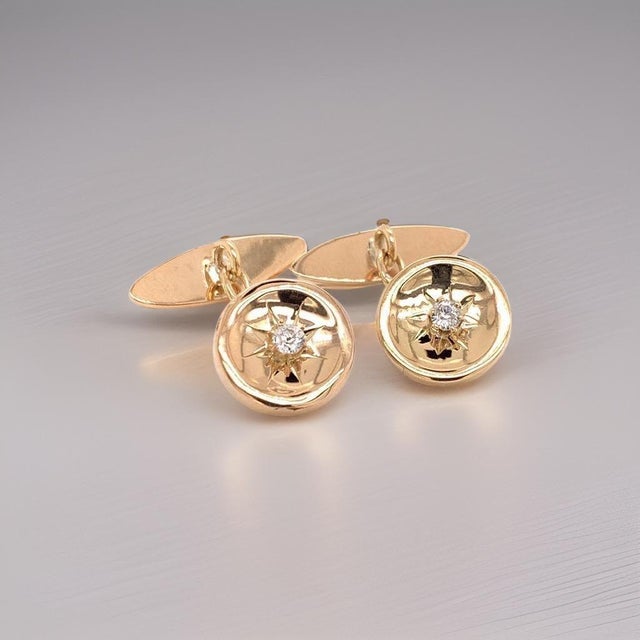 Traditional Diamond 14k Yellow Gold Cufflinks Certified, Pair For Sale - Image 3 of 11