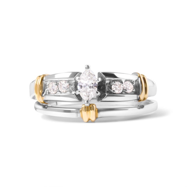 14K Yellow and White Gold 1/3 Cttw Marquise Diamond Cocktail Engagement Ring Set (H-I Color, SI1-SI2 Clarity) - Size 7 For Sale - Image 4 of 7