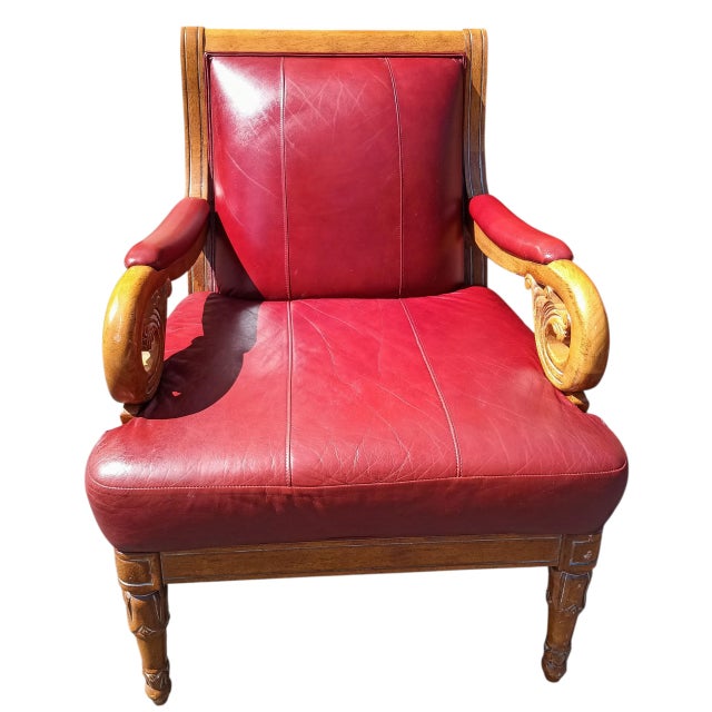 Empire and William IV Periods Inspired Vintage Red Leather Armchair & Ottoman For Sale - Image 9 of 12