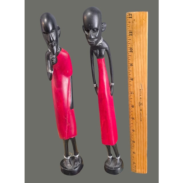 African African Figural Couple Carved Painted Wood Tribal Maasi Statuettes For Sale - Image 3 of 10