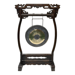 Chinese Distressed Brown Dragon Head Wood Figure Gong Display Rack