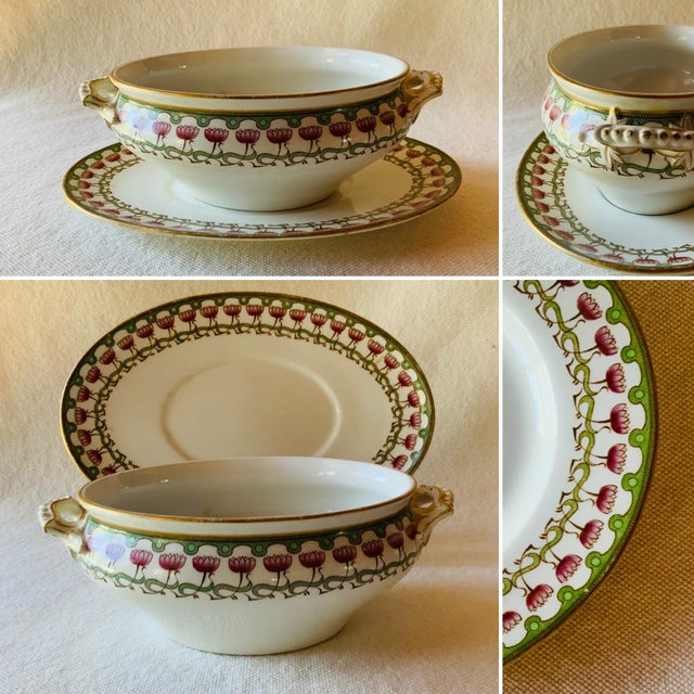 Antique Royal Worcester Victorian Porcelain Serving Set — Platters & Tureen, Pink Lotus & Gold For Sale - Image 17 of 18
