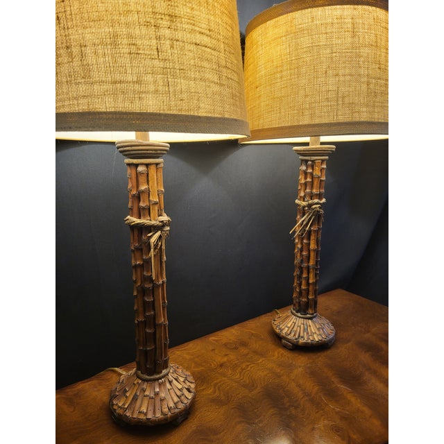 Contemporary Vintage Natural Bamboo Column Table Lamps With Burlap Shades - a Pair For Sale - Image 3 of 7