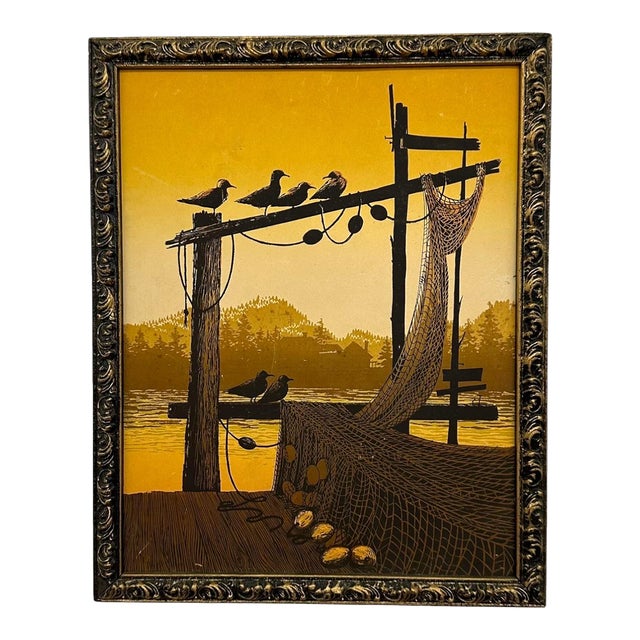Vintage Walton Butts "Fishnets" Signed Serigraph – Mid-Century Modern Coastal Harbor Silkscreen Print.. For Sale