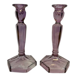 1940s Vintage Pressed Indiana Glass Co Depression Era Candle Holders - a Pair. For Sale