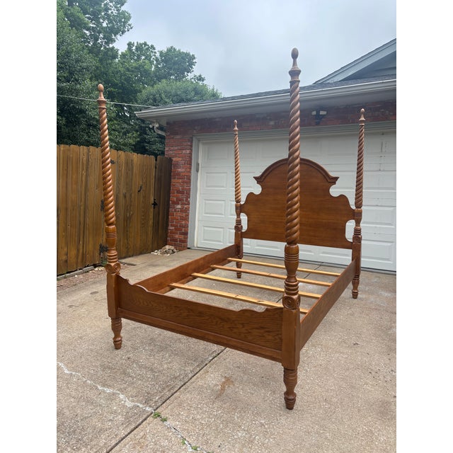 Traditional Oak Queen Size Rope Twist Four Poster Bed Frame For Sale - Image 4 of 12
