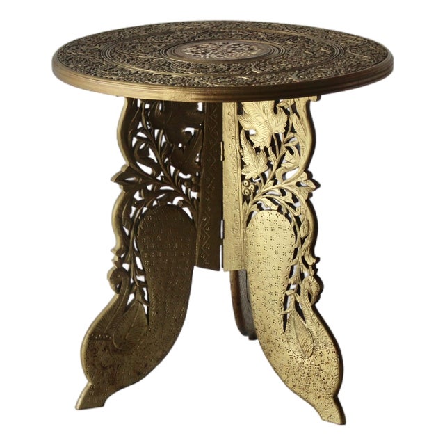 1970s Circular Anglo-Indian Brass Finish Wood Side Table For Sale