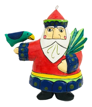 Vintage Folk Art Painted Wood Santa With Bird