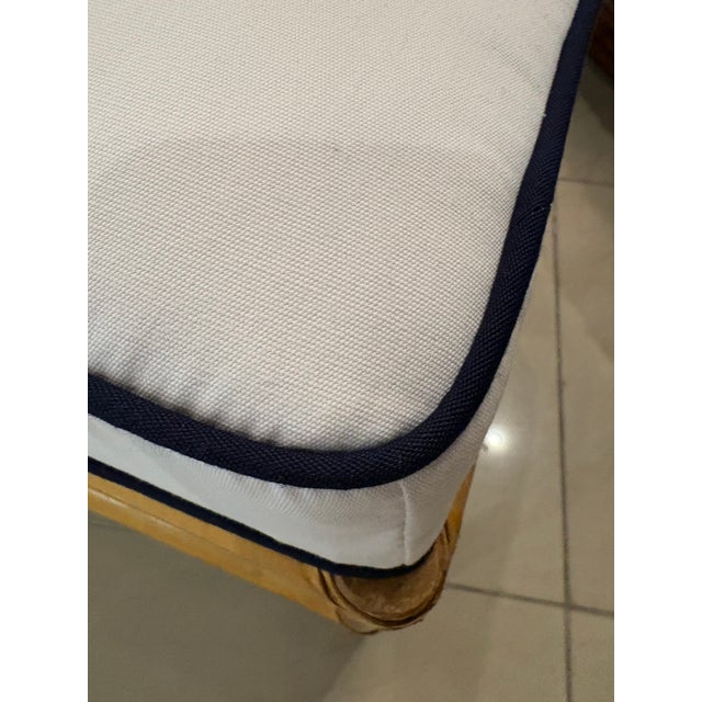 Boho Chic Vintage Palm Beach Rattan Bench Newly Upholstered Navy Blue & White For Sale - Image 3 of 10