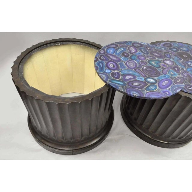 Large Custom Wooden Fluted Column Pedestal W/ Faux Purple Agate Painted Top Pair For Sale - Image 11 of 12