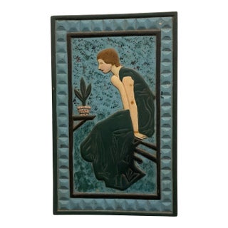 1920s Woman in Blue Carved Folk Art Plaque For Sale
