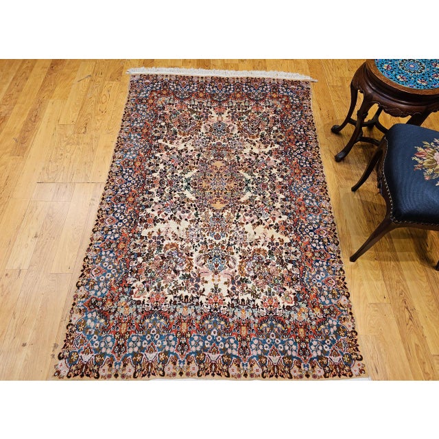 Vintage Persian Kerman Lavar Rug, Hand-Knotted Wool & Silk, Allover Floral Pattern, Ivory & Blue, 4x7 For Sale - Image 4 of 17