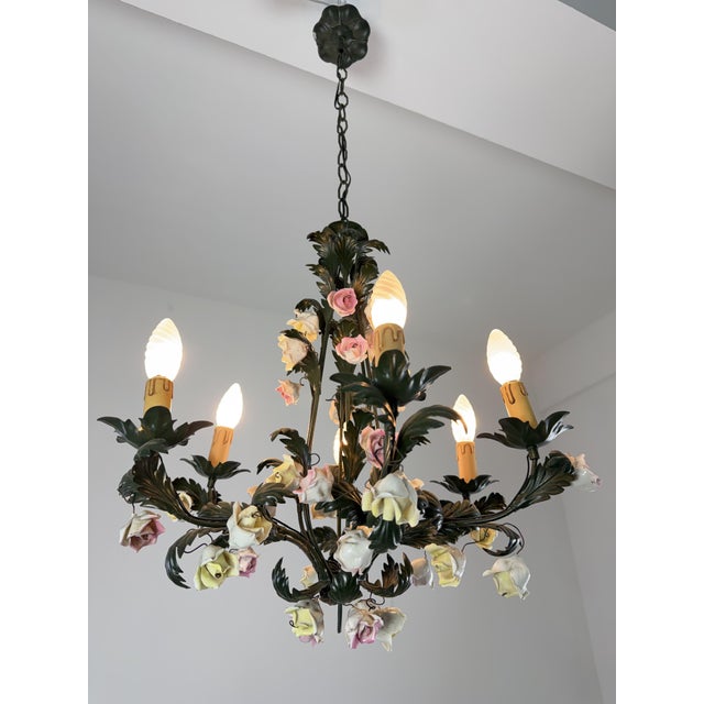 Florentine Six-Light Chandelier in Wrought Iron and Porcelain, 1970s For Sale - Image 3 of 11