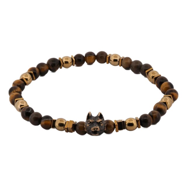 Freedom Wolf Tiger's Eye Stone Men's Bracelet For Sale