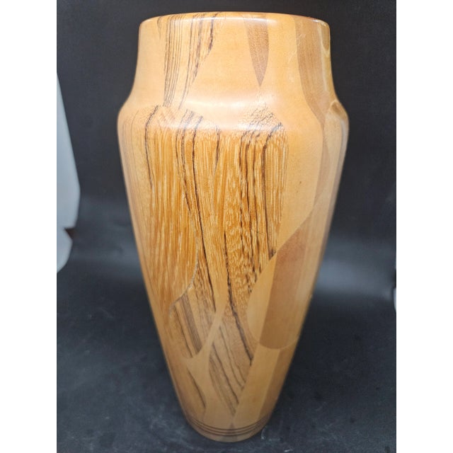 Mid-Century Modern Vintage Hand Turned Signed Wooden Vase, Segmented Design With Contrasting Wood Types Like Cherry, Walnut, Other Exotic Woods For Sale - Image 3 of 4