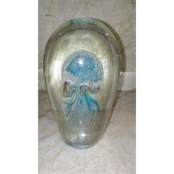 1970s Paperweight Jellyfish 7" Handblown Glass Man-O-War Ocean Blue Clear Egg Shaped For Sale In San Diego - Image 6 of 10