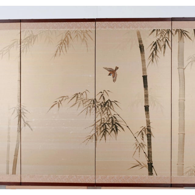 1950s 1950s Japanese Byobu "Birds Among the Bamboo" 4-Panel Folding Screen Very Good + For Sale - Image 5 of 7