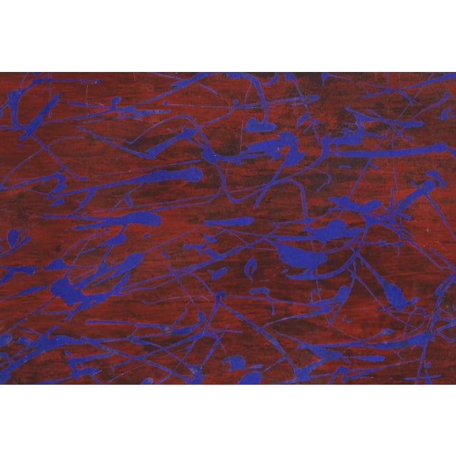 Mid Century Abstract Original Painting - Blue Calligraphy on Crimson Water in Oil and Tempera on Paper Wonderful Bay Area...