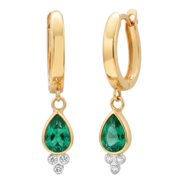14k Yellow Gold Hoop Earrings With Pear-Shaped Emeralds and Diamond Accents, A Pair For Sale