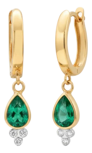 14k Yellow Gold Hoop Earrings With Pear-Shaped Emeralds and Diamond Accents, A Pair