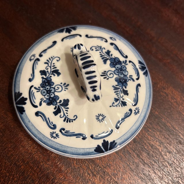 Vintage Hand Painted Delft Blue Large Covered Sugar Bowl, Signed For Sale - Image 9 of 12