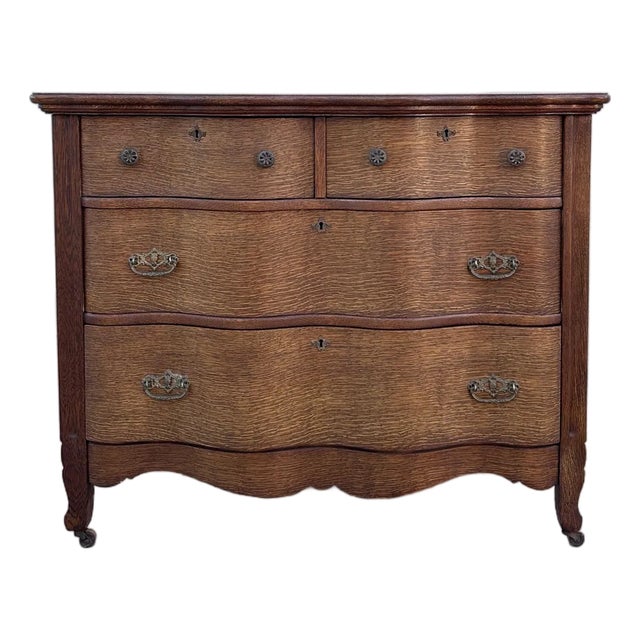 Antique Oak Serpentine Dresser, Early 20th Century French-Inspired Chest of Drawers For Sale